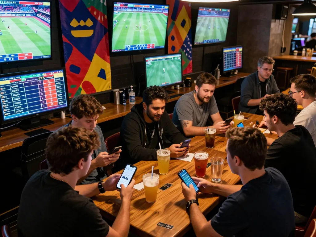 Engaged bettors placing bets on vn23 sports events in a lively atmosphere