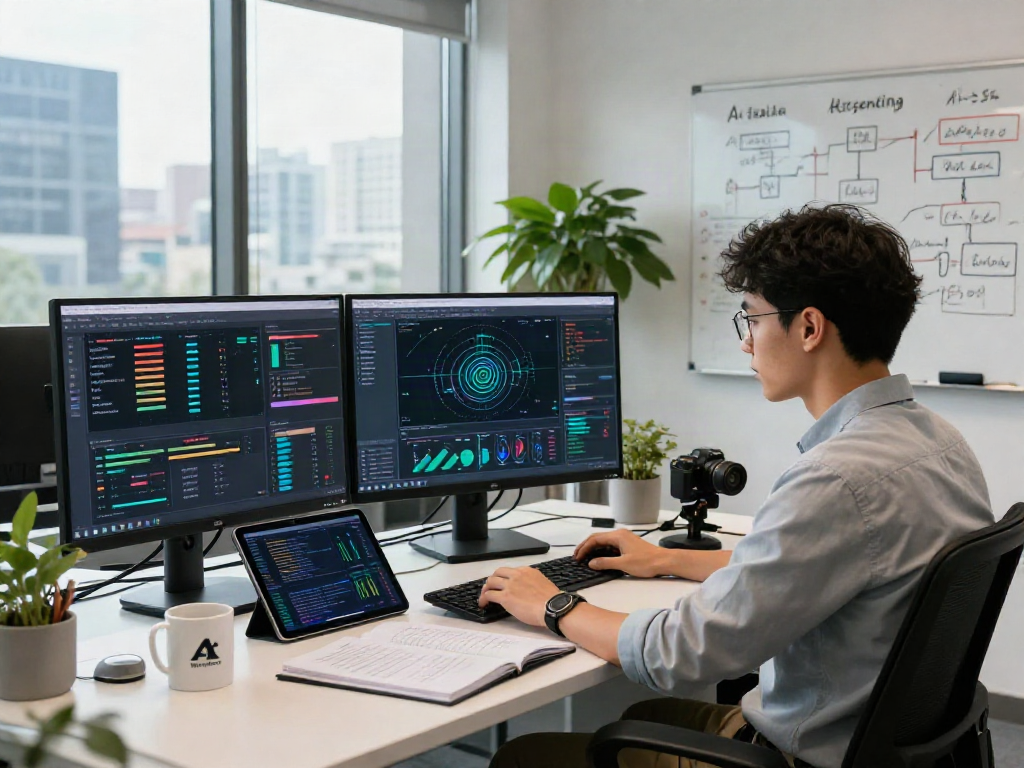 AI Detection analysis in a modern tech office with data visualizations and analytics.