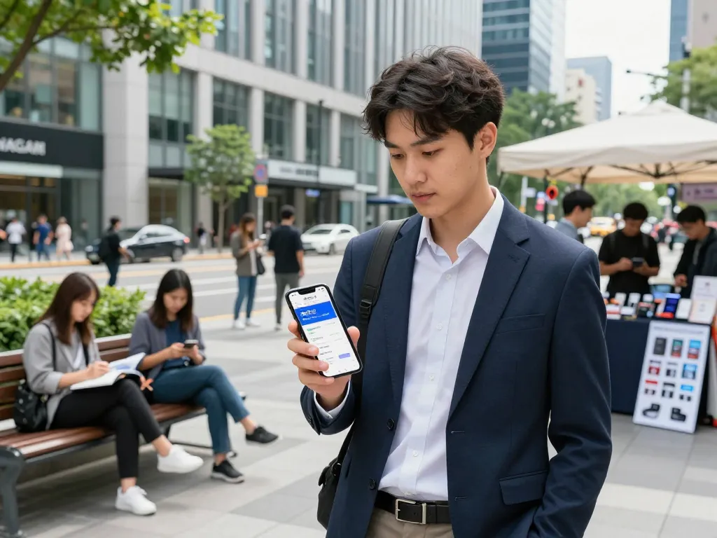 분주한 도심 환경에서 폰테크 모바일 거래에 참여하는 젊은 전문가
