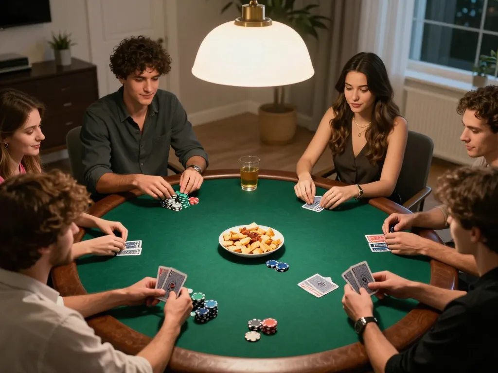 Bongdalu brings friends together for an exciting poker night, capturing strategic moments with cards and chips visible.