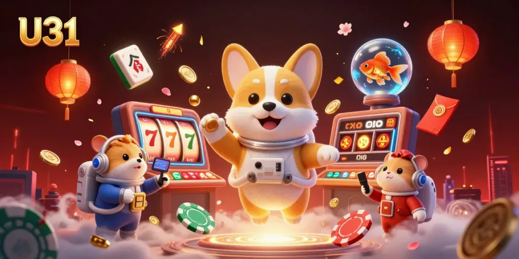 U31 celebrates casino fun with corgi in zero gravity among slot reels and golden coins.