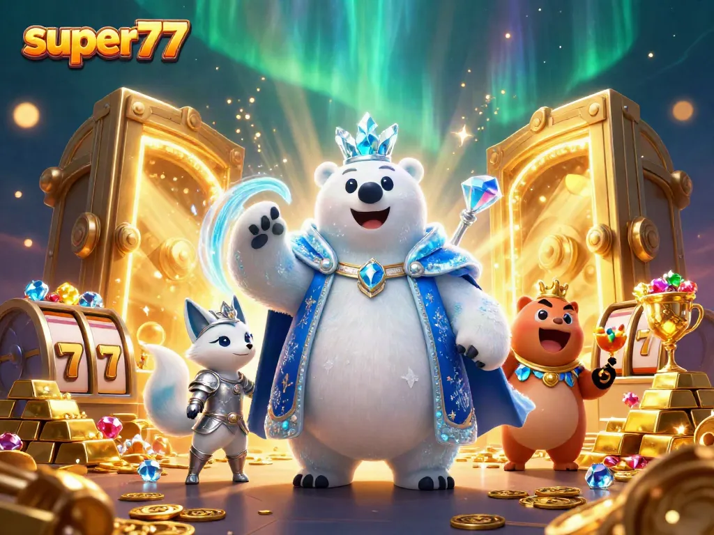 Experience the thrill of super77 as playful characters navigate a treasure-filled world of slots and jackpots.