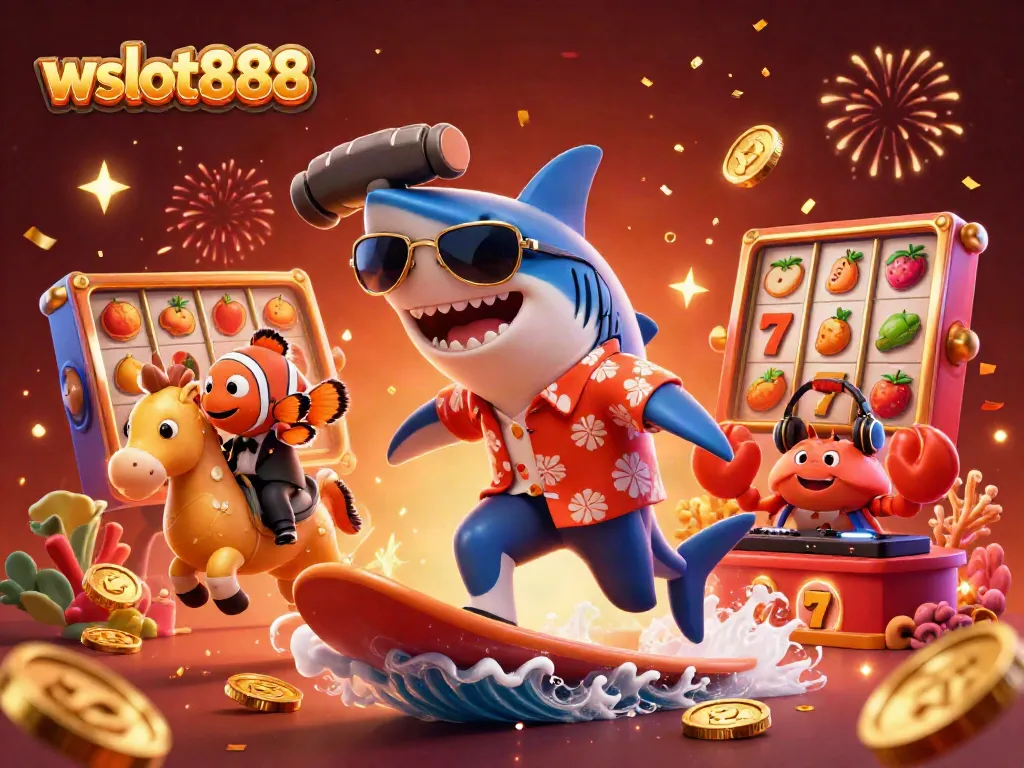 Berbagai karakter unik bermain dengan mesin slot wslot888 dalam ilustrasi penuh warna