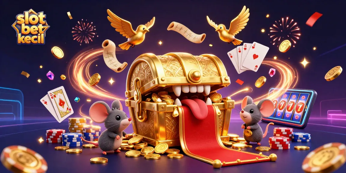 Win big with slot bet kecil illustrated in a captivating 3D casino scene filled with treasures.