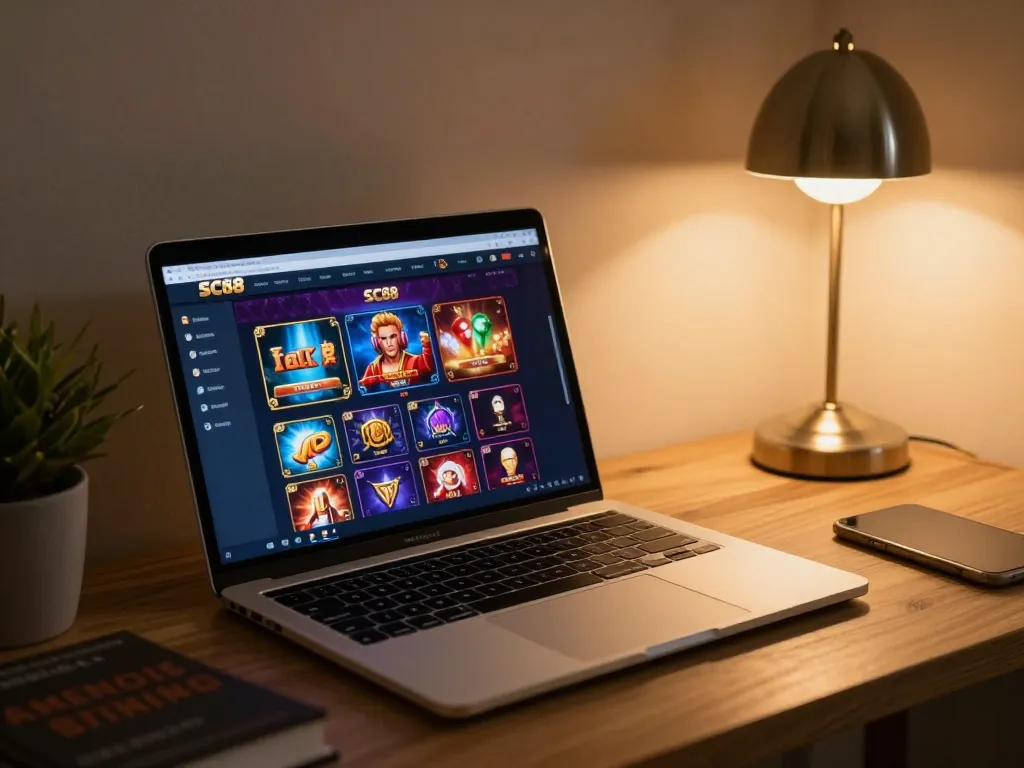 Engaging online gameplay on SC88's platform with stylish laptop and cozy decor.