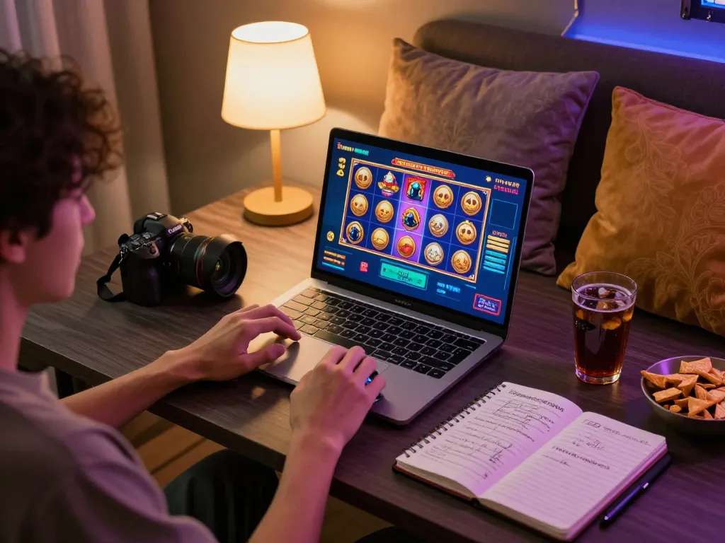 Engaging session of Demo Slot Pragmatic online gaming at home, showcasing dynamic gameplay and responsible gambling setup.