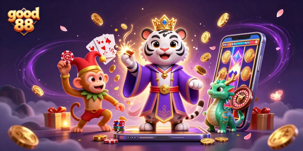 Experience good 88 in a vibrant casino scene with a playful tiger and dragon amid exciting jackpots.