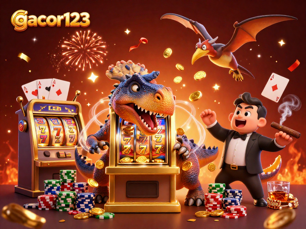 Experience winning moments at gacor123 with vibrant slot machines and flying coins in this lively casino scene.