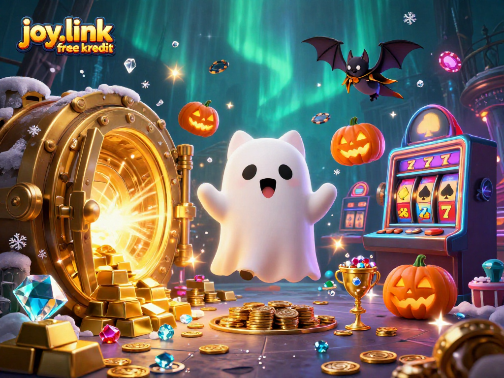 Spin the reels with joy.link free kredit in this vibrant haunted casino illustration.