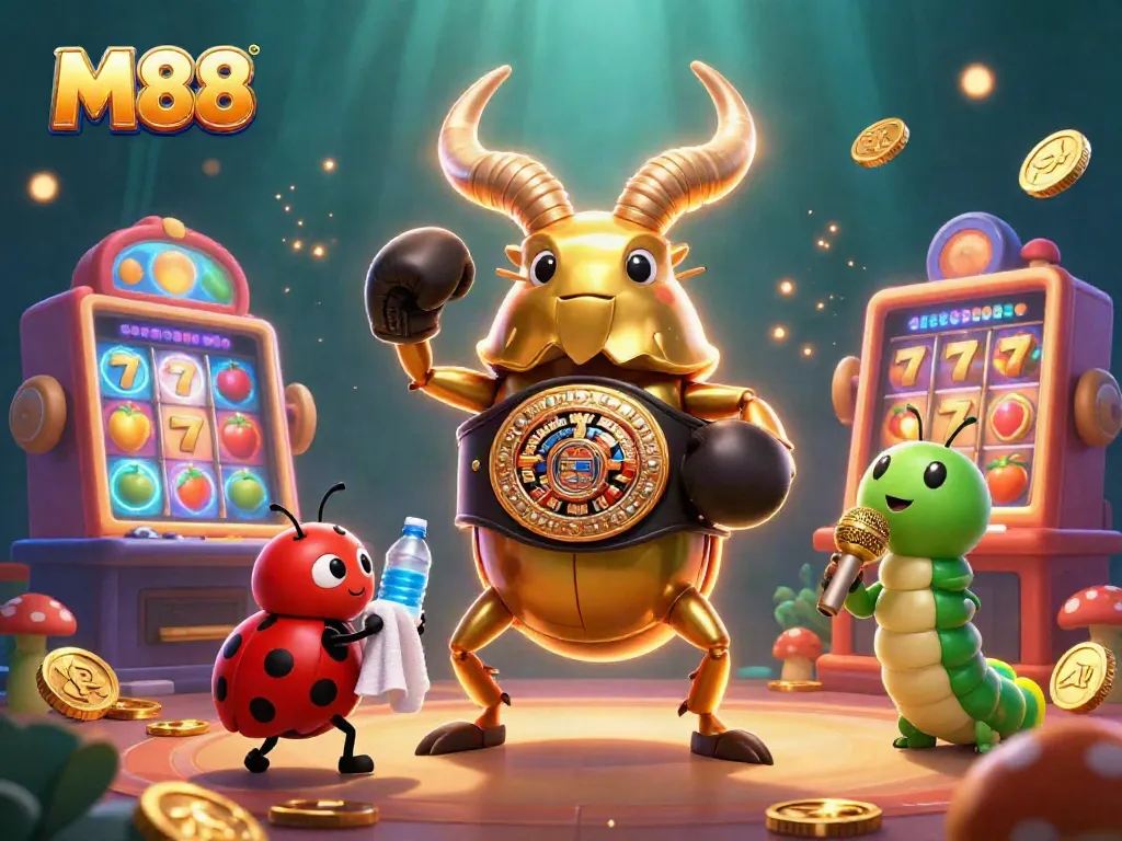 Watch the M88 champion beetle battle in a vibrant casino scene with slot machines and sparkling gold.
