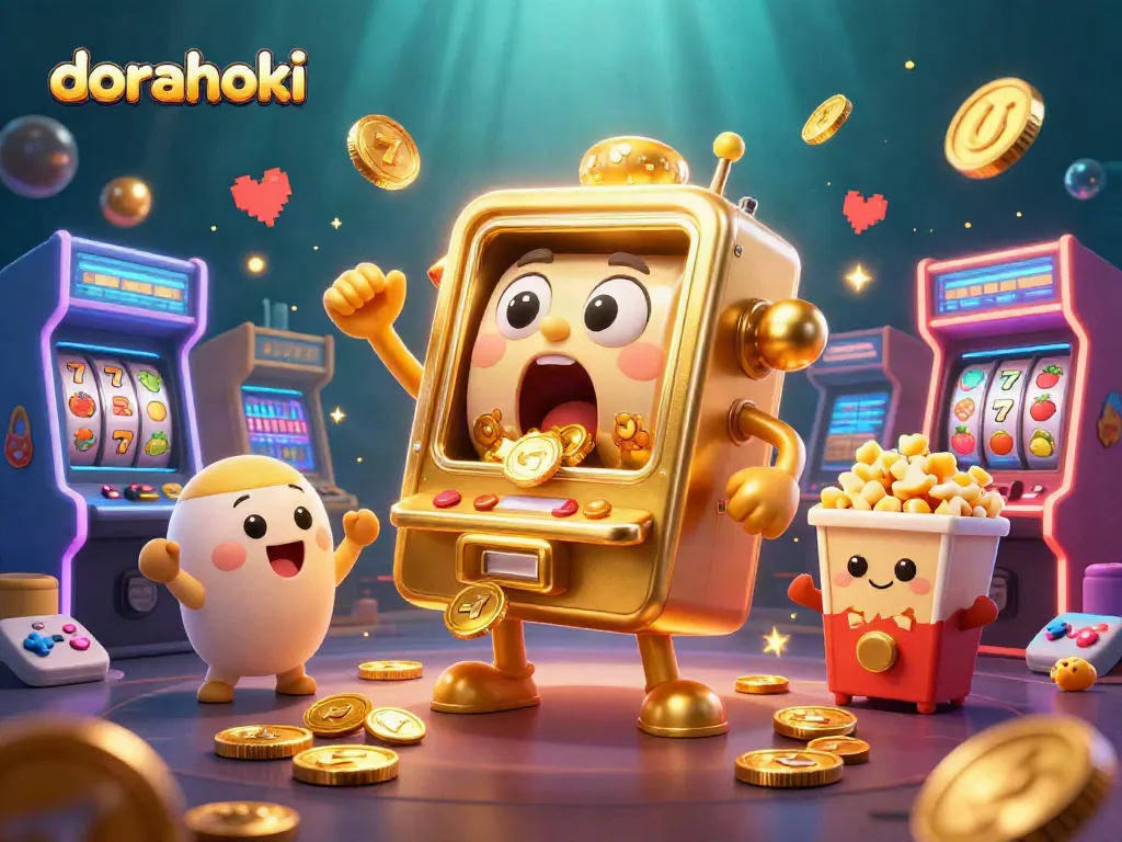 Dorahoki menghadirkan mesin slot emas lucu yang terkejut dengan koin mengalir keluar, dikelilingi mesin slot kecil.