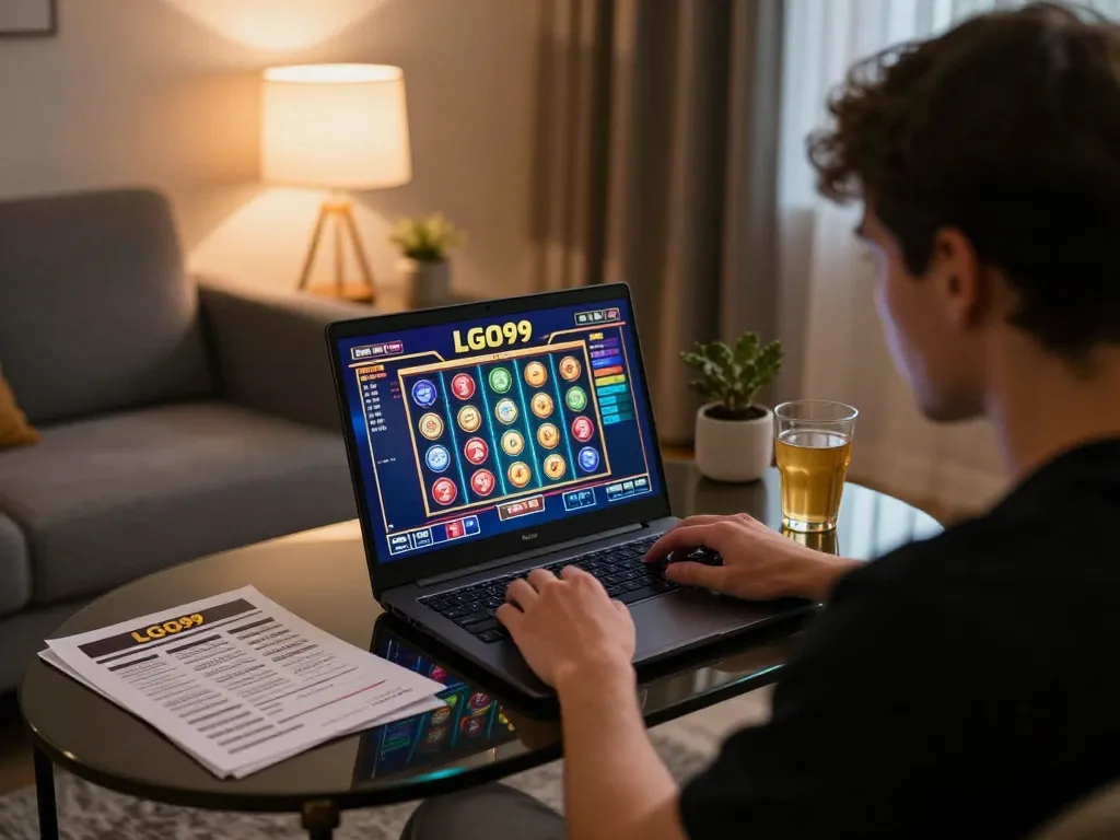 LGO99 player enjoying thrilling online slots in a cozy home gaming setup