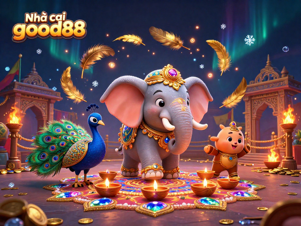 Join the excitement at Nhà cái good88 with immersive casino games amidst vibrant festive characters and ornate decorations.