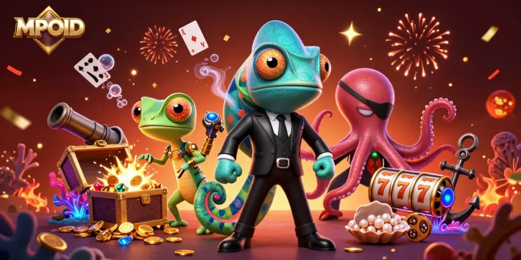 MPOID showcases thrilling casino adventures with vibrant characters and dynamic gaming elements in a stunning illustration.