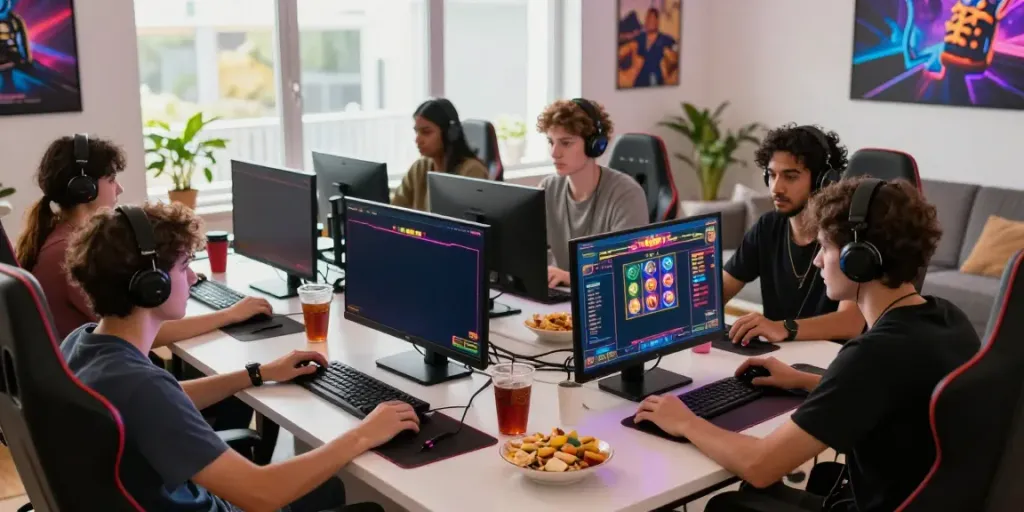 situs slot gacor gaming with friends around colorful screens and snacks