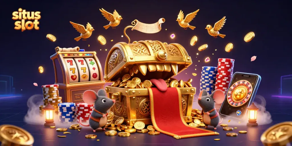 Experience situs slot thrills with dynamic 3D illustration of a treasure chest and casino elements.