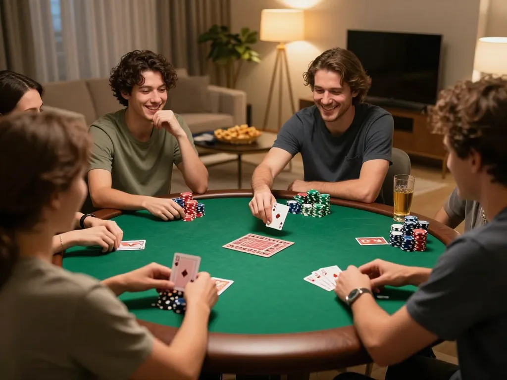 Friends enjoying a competitive home poker night with chips and cards at the center featuring xo88 strategy.