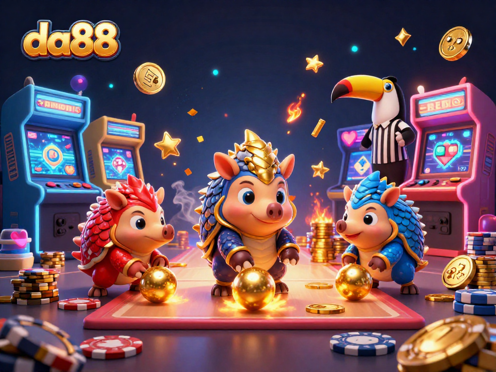 da88 pangolins bowling through poker chips in a vibrant 3D casino scene