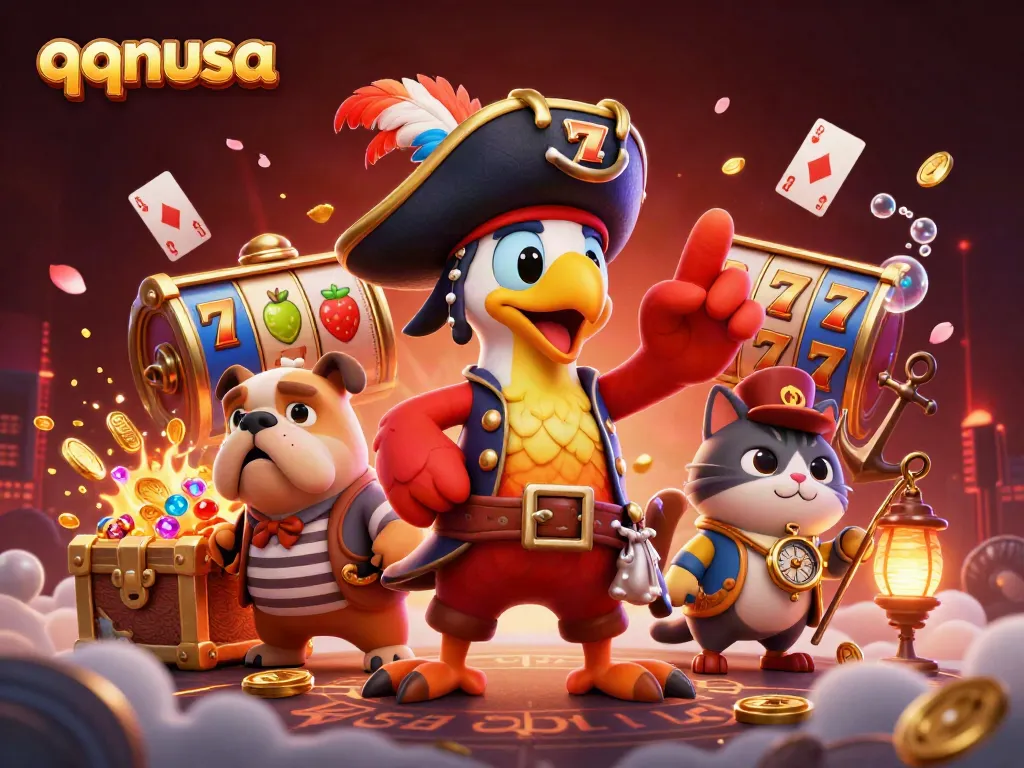 Experience thrilling gameplay at qqnusa while uncovering treasures and winning with slot reels, golden coins, and vibrant gems.