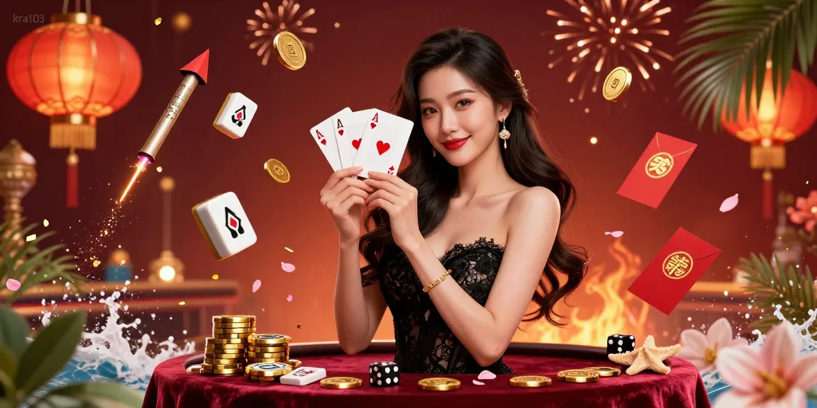 Experience winning moments with kra103 in an elegant casino scene featuring mahjong tiles, poker chips, and vibrant custom elements.