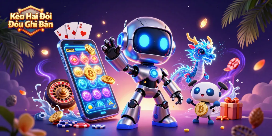 Kèo Hai Đội Đều Ghi Bàn illustration showcasing a cyberpunk robot and animated dragon in a dynamic gambling scene.