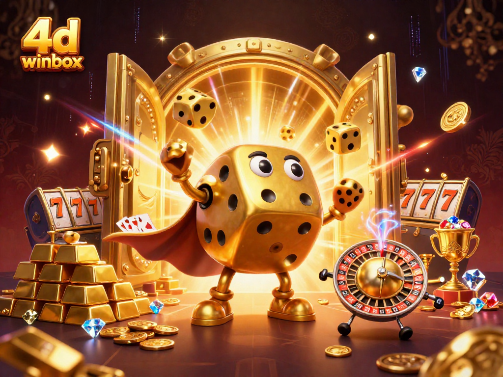 Experience the excitement of 4d winbox with a vibrant illustration of a dice golem and jackpot elements.