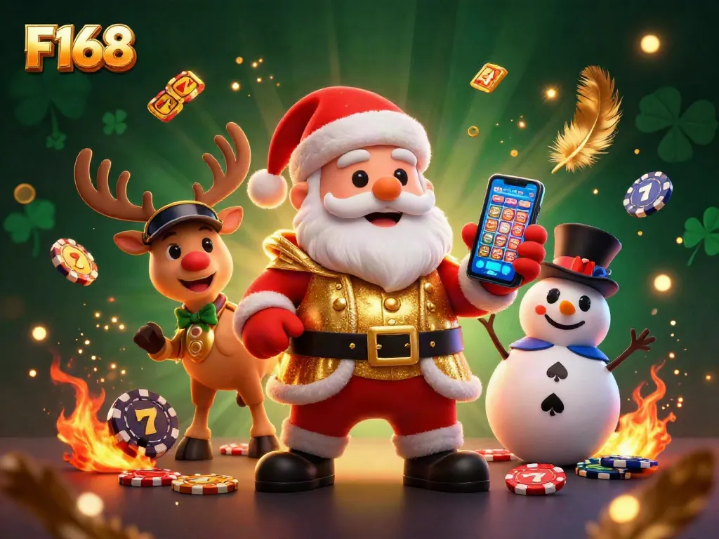 Spin and win with F168 slots featuring a festive scene of Santa, a reindeer dealer, and a poker chip snowman.