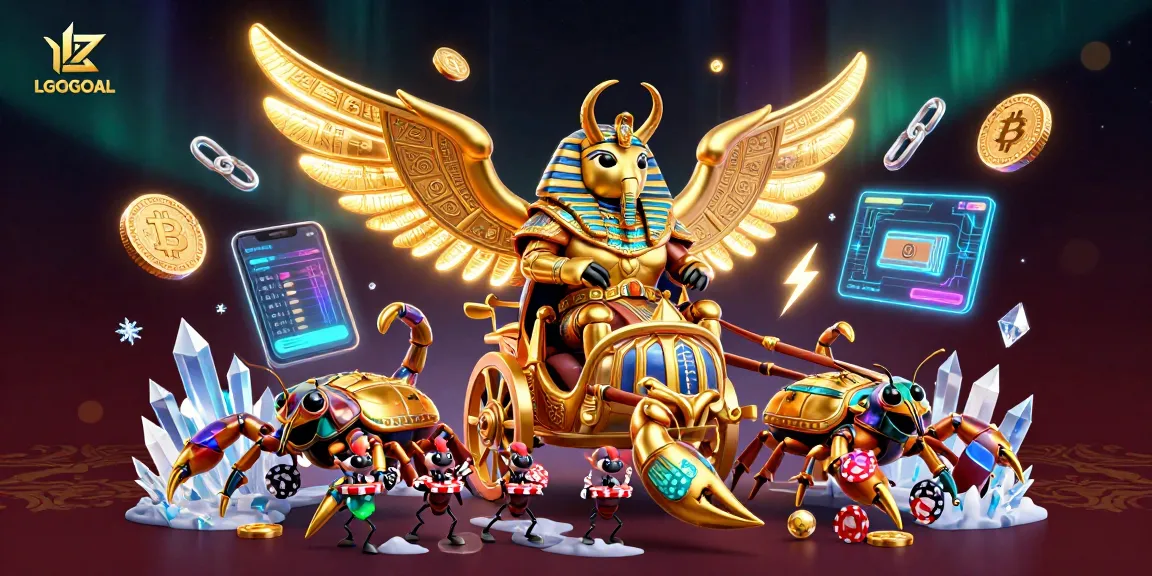 Experience LGOGOAL's vibrant casino action with a captivating 3D illustration featuring golden beetles and crypto elements.