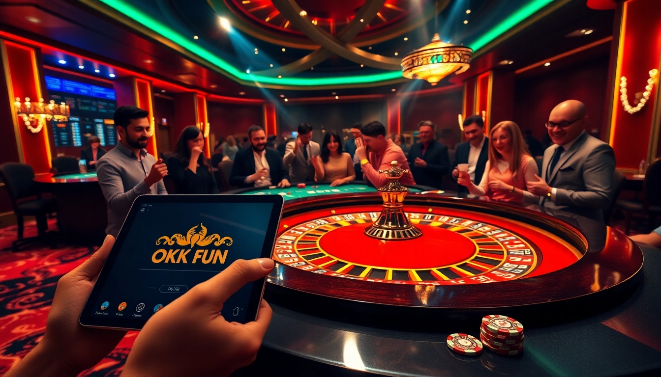 Players engaging at a roulette table in a luxurious casino setting featuring OKFUN.