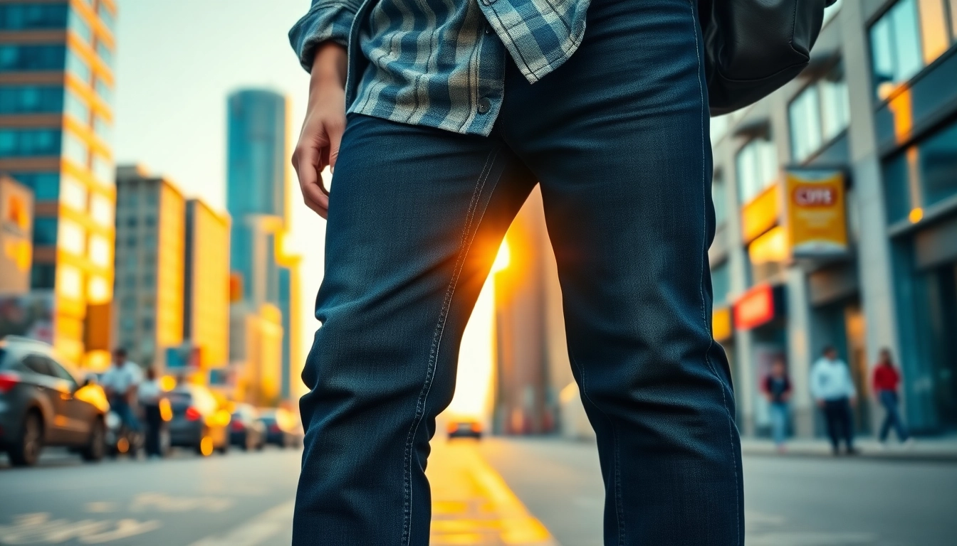 Showcasing black jeans men styled with a casual outfit against an urban backdrop.