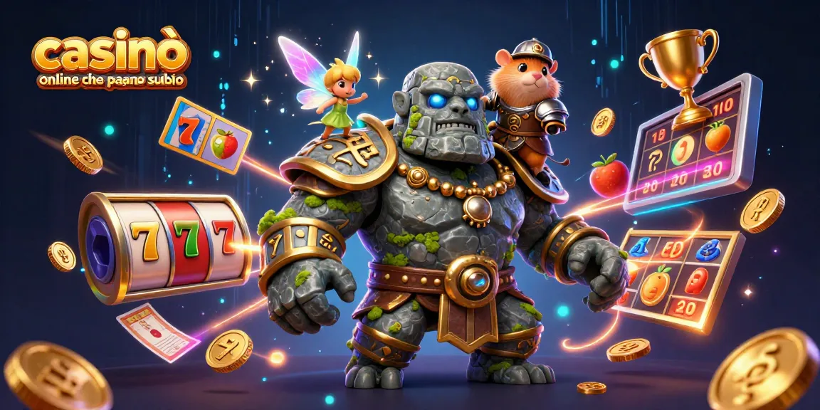 Casinò online che pagano subito: Golem guardiano e cavaliere hamster in un vivace ambiente di gioco con slot machine.