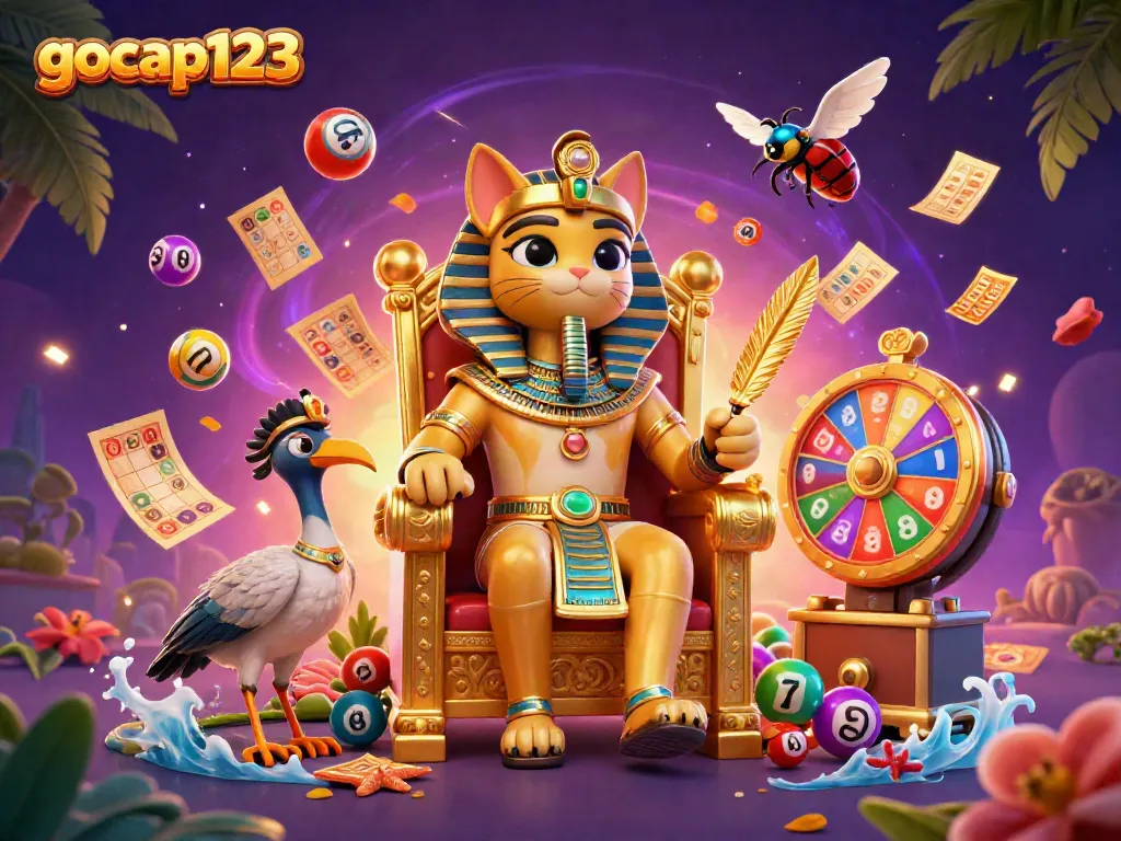 Permainan slot gocap123 dengan teknologi terbaru dan karakter menarik di latar belakang yang colorful.