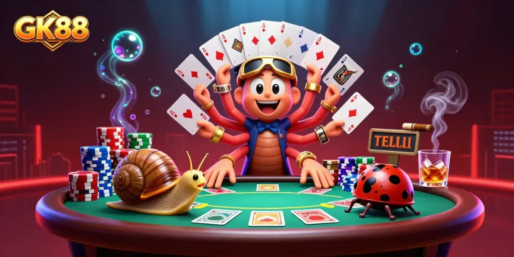 Experience GK88 casino excitement as a millipede dealer orchestrates an epic poker scene.