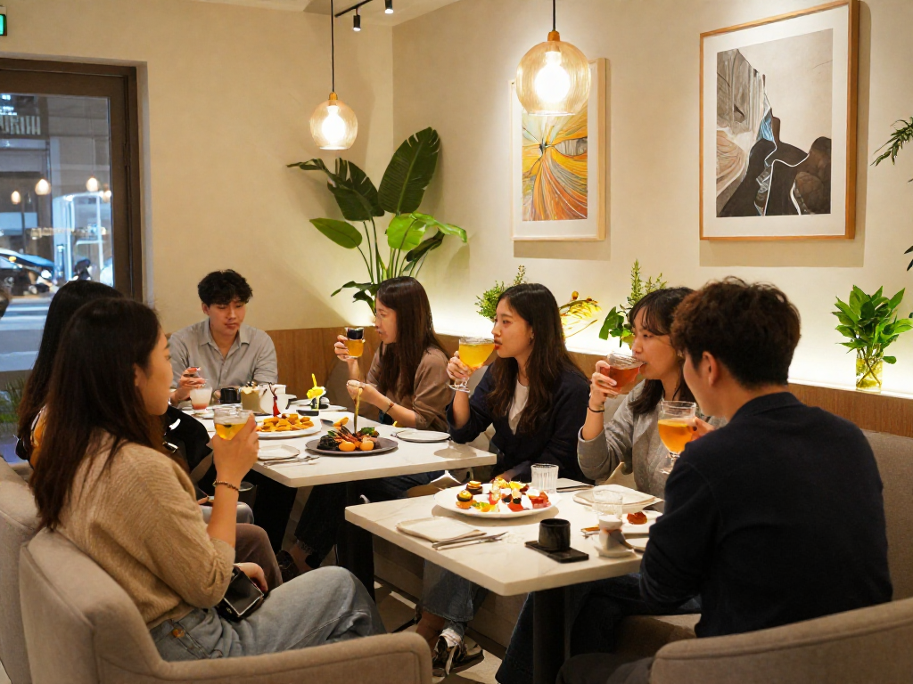 강남쩜오에서 친구들과 함께 즐거운 시간을 보내는 모습, 아늑하고 세련된 분위기
