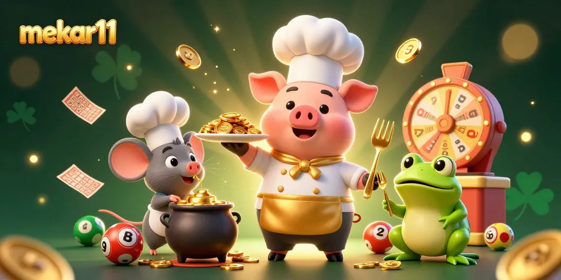 Mekar11 players winning big with a 3D lottery scene featuring gold coins and a food critic frog.