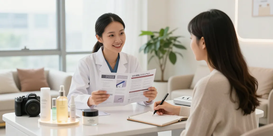 皮膚科医とクライアントが治療オプションについて話し合うVIO脱毛+クリニックでの相談。