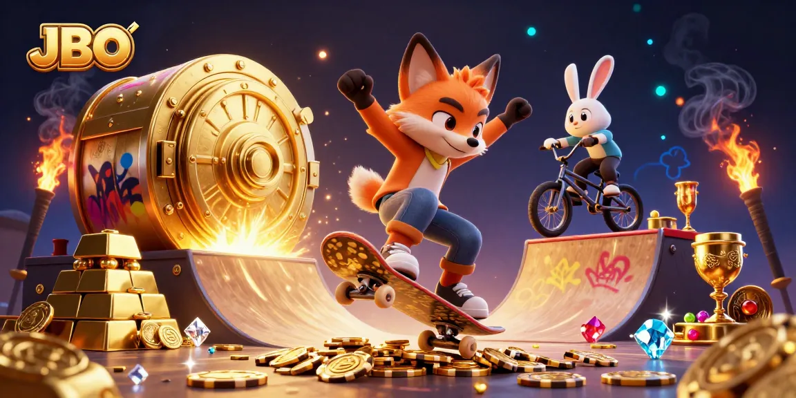 JBO celebrates wins in a vibrant casino scene filled with treasures and dynamic characters.