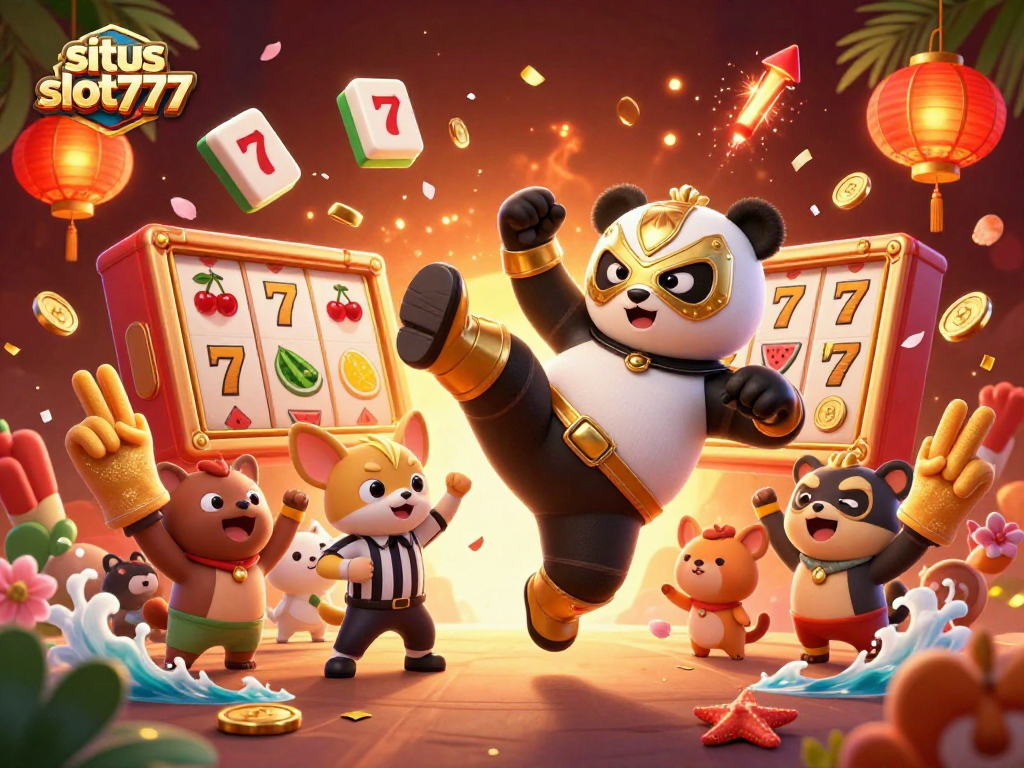 Experience excitement at situs slot777 with a lively casino scene featuring animated characters and slot elements.