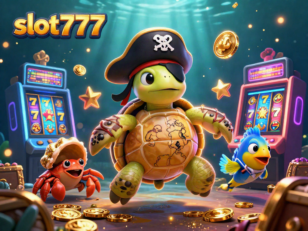 Play slot777 with vibrant slot machines and playful sea creatures above sunken treasure.