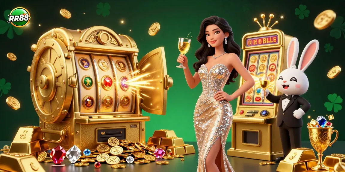 Experience the excitement of RR88 with a stunning illustration of a jackpot celebration featuring a glamorous woman and a playful bunny croupier.