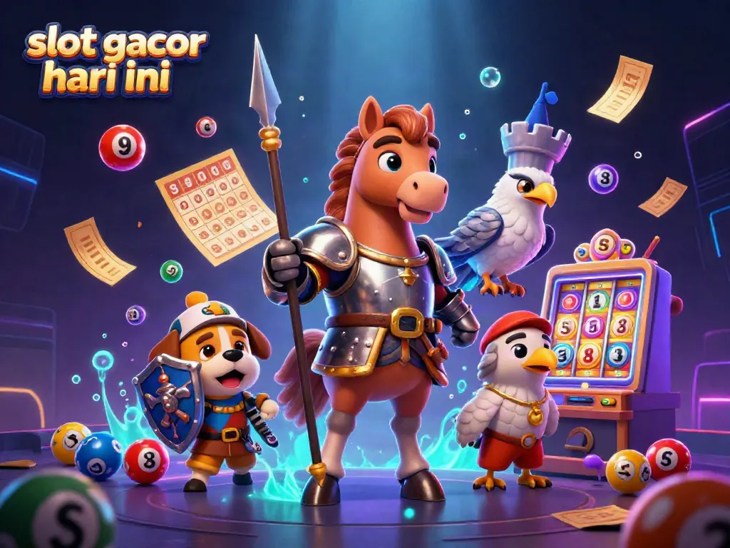 Visualisasi slot gacor hari ini dengan karakter kartun, simbol permainan, serta efek dinamis yang menghidupkan suasana perpaduan kasino.