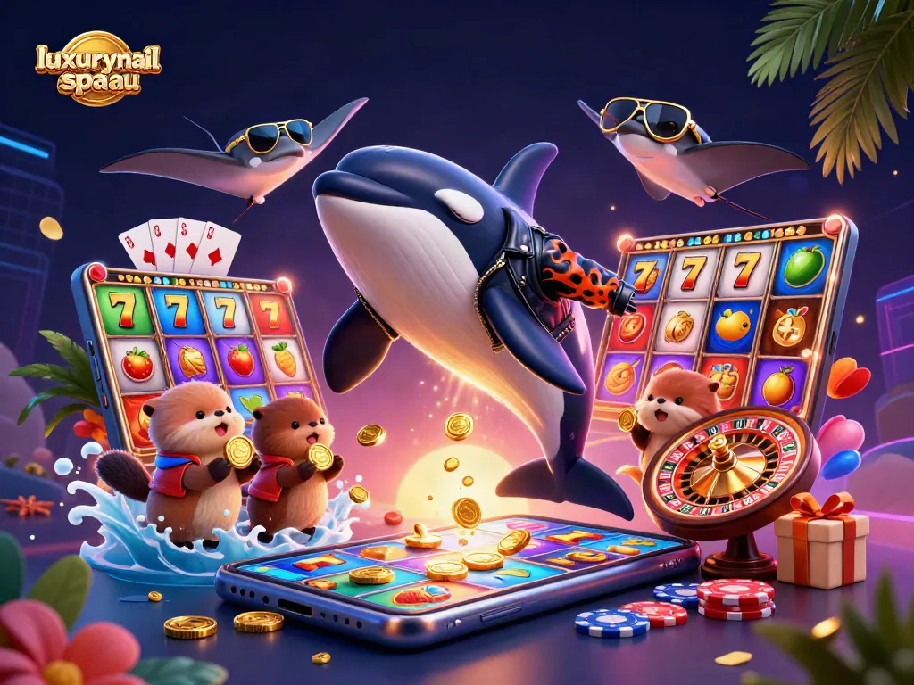 Visual ceria tentang luxurynailspaau menampilkan karakter kartun orka, stingray, dan berang-berang laut beruang emas di dunia slot.