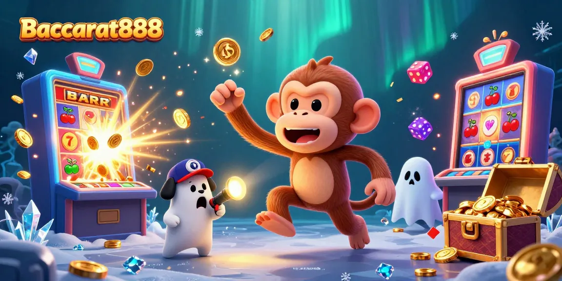 Experience Baccarat888 with a mischievous poltergeist monkey and a ghost-hunter puppy in a lively casino scene.