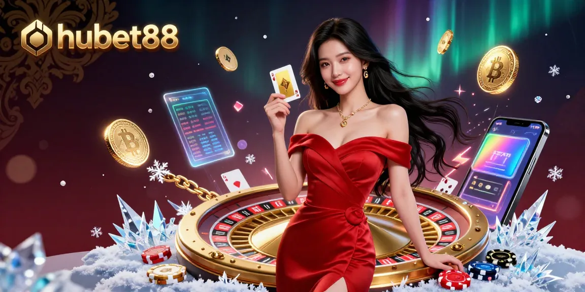 Experience hubet88's vibrant online casino world with a stunning Asian woman, golden roulette, and glowing crypto elements.