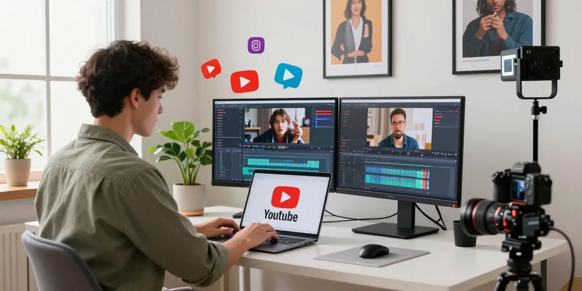 Content creator in a modern home office, demonstrating how to buy YouTube views for video marketing success.