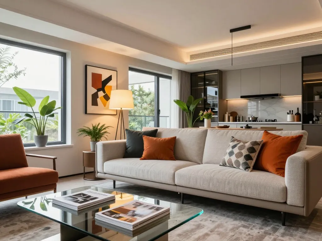 ออกแบบบ้าน in a modern living room filled with natural light and stylish decor.