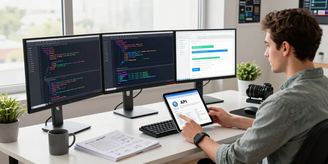 Developer coding in a modern workspace, showcasing postman alternative API testing tools and technology.