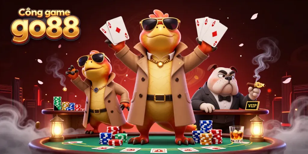 Cổng game go88 brings animated fun to poker with cartoon raptors in a trench coat entering a VIP casino.