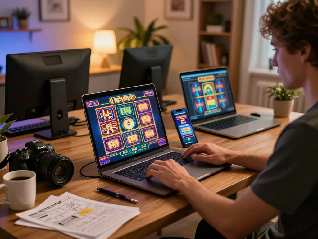 Casual gamer enjoying casinò online europei on a laptop, cozy home setup with strategy notes and smartphone.
