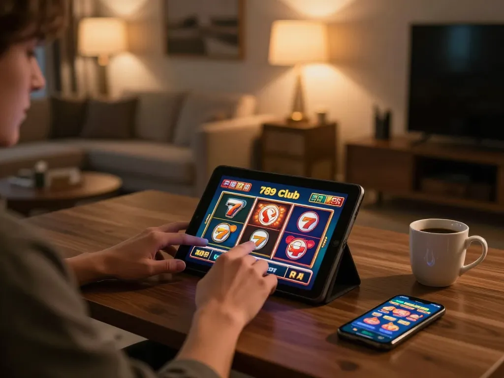 Engaging moment at 789 club with smartphone and tablet set for online gaming